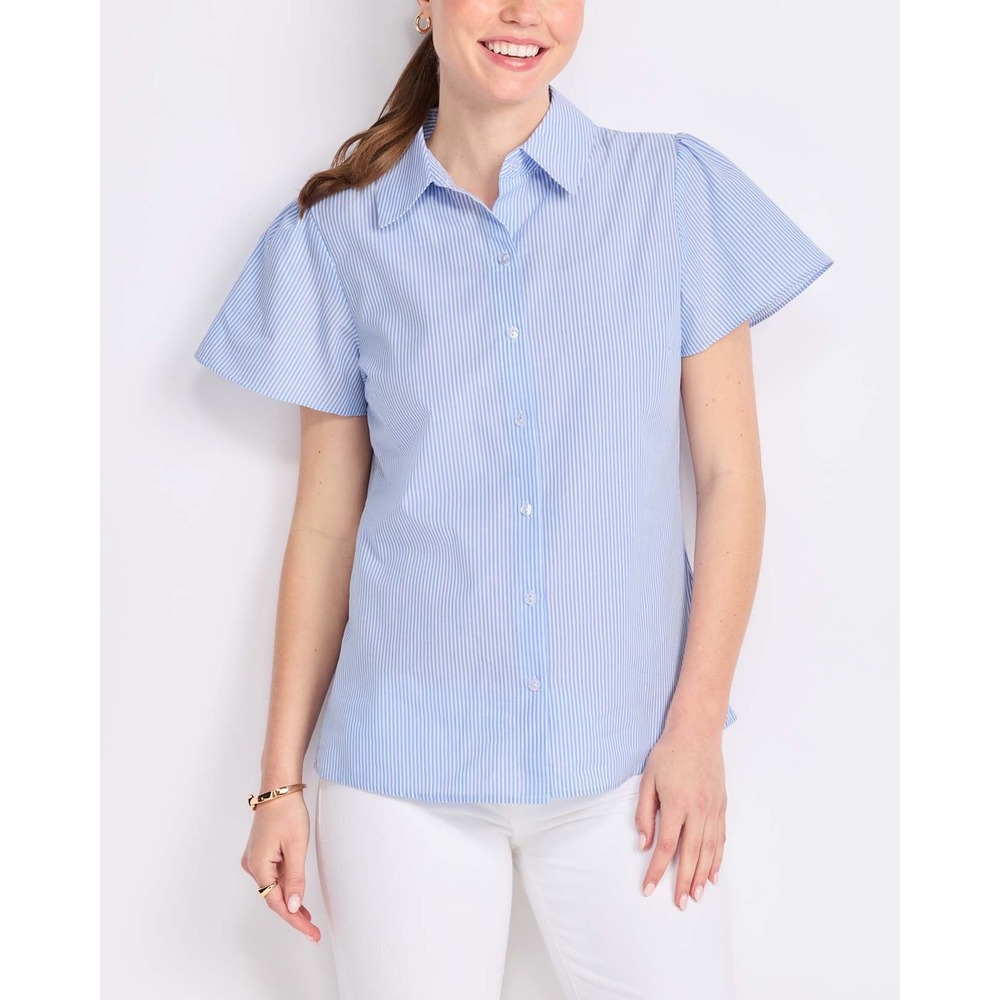 Fortune + Ivy Olivia Stripe Button Up Shirt Officecore Nautical M Blue NWT